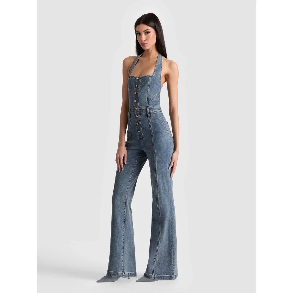 $550 NWT Alice+Olivia Gorgeous Pennie Denim Bootleg Halter Jumpsuit - Picture 2 of 16